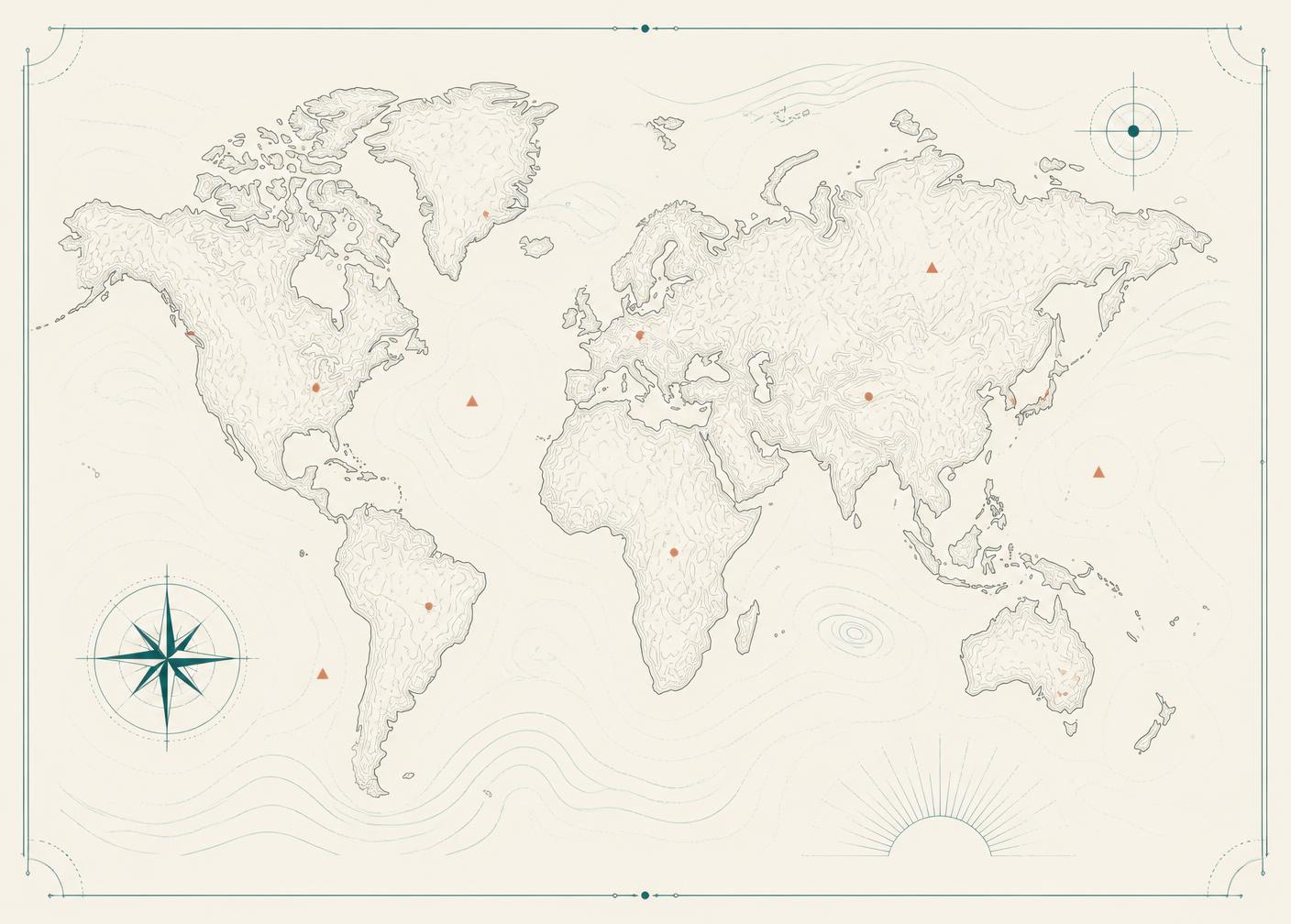 Cartographic line illustration of a world atlas on parchment